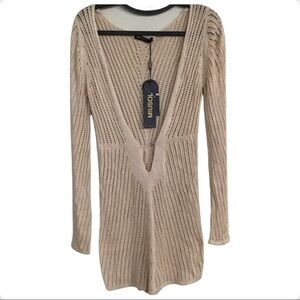 Miusol open knit nude color long sleeve mini dress sz S Plunge neck hobo BoHo